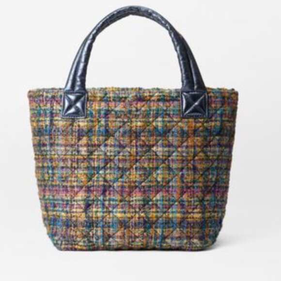 MZ WALLACE MINI METRO TOTE DELUXE Gold Multi Tweed with Metallic Blue Trim NWT - Picture 2 of 9